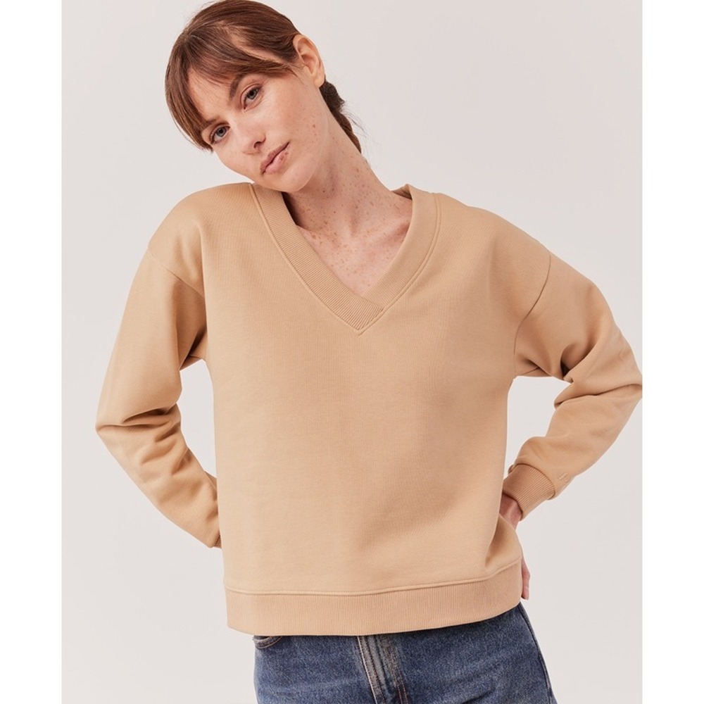 Pact V-Neck Sweatshirt Womens Small Tan Organic Cotton Recycled‎ Fleece Pullover